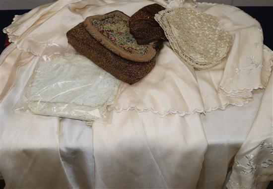 A Silk babys christening cape, collection of gloves, evening bags etc